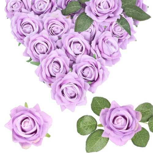 INSUNSIX Lila Rosen, künstliche Blumen, Samt, künstliche Rosen mit Stielen, 8 cm, violette Kunstrosen für Brautstrauß, Hochzeit, Blumen für florale Tafelaufsätze, Heimdekoration, Party-Dekoration