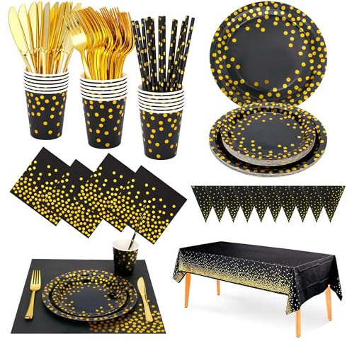 Sylken 186PCS Black and Gold Party Supplies Set,25 Guests Golden Dot Party Dinnerware,ncludes Black Paper Plates Napkins Paper Cups Tableware,for Wedding Shower,Engagement,Wedding,Birthday