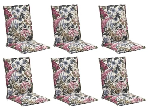 Home4You 6er Set Mittellehner-Stuhlauflagen mit Blumenmuster – Gartenstuhlauflage 108 x 50 x 7 cm – Baumwolle & Polyester – Mit verstellbarem Gurtband & Bindekordeln – Gefertigt in Deutschland