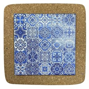 Carreaux azulejo du Portugal, carreaux de céramique ethniques portugais – Dessous de plat en liège – Décorations d'intérieur et murales (20 cm) (Portugal en 25 carreaux (bleu et blanc)