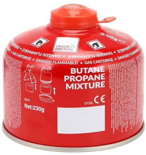 Taylor & Brown 230g Propane Butane Gas Cartridge – EN417 Resealable Valve – Performance Screw-On Camping Stove Fuel for Portable Gas Stoves, BBQ, Blowtorch & Outdoor Cooking (1)