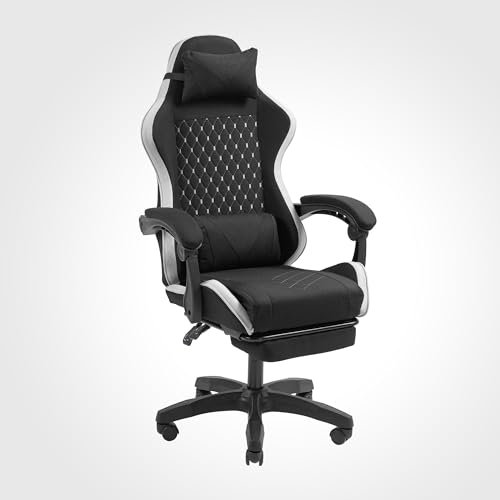 MARS GAMING MGC-X, Ergonomischer Gaming-Stuhl, Atmungsaktiver Stoff, Verstellbare Rückenlehne und Höhe, Dynamische Armlehnen, Nacken- und Lendenkissen, Bürostuhl mit Ausziehbarer Fußstütze, Weiß
