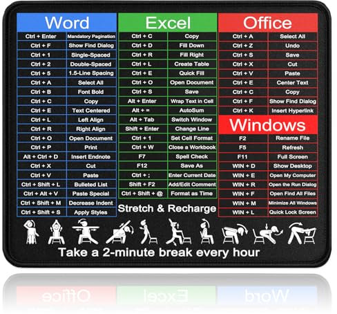 Excel Shortcuts Desk Mat - Microsoft Office Shortcuts Mouse Pad, 27x21cm Travel Size, Non-Slip Mousepad for Office/Gaming/Home/Employee Gift