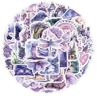 LEEQBCR 50 Stück Reflektierender Lila Märchengarten Sticker Set, Niedliches Lila Blumen und Schmetterlinge Aufkleber für Laptop Fahrrad Koffer Skateboard Auto Motorrad Stickerbomb Wasserfest Deko