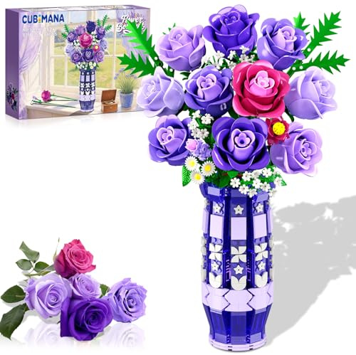 CUBIMANA Sets de Jeux de Construction de Roses Violettes avec Vase et lumière LED, Bouquet de 17 Mini Fleurs artificielles, pour la décoration de la Maison ou du Bureau, Cadeau pour Femmes Adultes