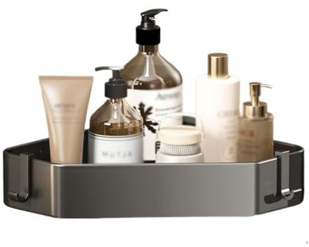 Etagere Salle de Bain Étagère de douche de salle de bain, organisateur de douche d'angle en aluminium sans perçage avec 2 crochets mobiles, étagère de douche d'angle triangulaire adhésive Etagere de D