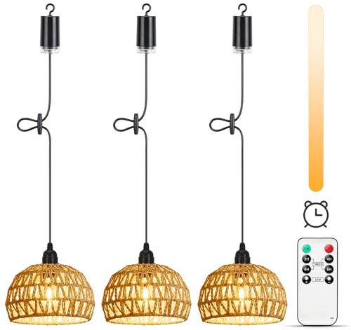 Lightess 3 Pack Outdoor Lights Battery Powered with Remote Control,Dimmable Outdoor Hanging Lights Battery Pendant Light IP65,Handmade Boho Rattan Lampshade Portable for Gazebo,Garden,Shed,Bedrooms