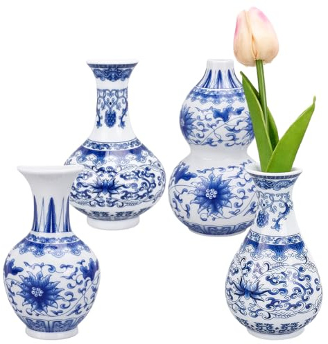 OLYCRAFT 4Pcs 4 Styles Small Blue and White Chinoiserie Vases Porcelain Chinoiserie Vase Ceramic Wall Planter Wall Mounted Decorative Ceramic Flower Vases for Dried Flowers and Faux Greenery Plants