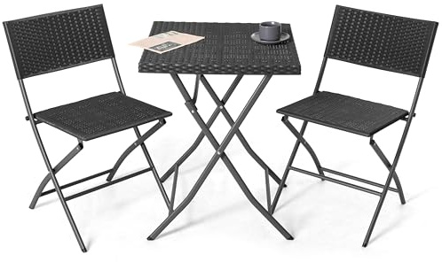 Avestar Bistroset für 2 Personen, klappbares Balkonmöbel Set für den Außenbereich, wetterfestes PP-Rattan, Outdoor Sitzgruppe, 3-teilig mit Klapptisch & 2 Klappstühlen, für Balkon, Terrasse, Schwarz