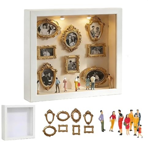 DIY Mini Museum Silhouette Box, Foto Erinnerungsanzeige Set mit 8 Mini Goldene Rahmen & 8 Zufällig Figuren, Kreatives Bilderrahmen mit LED Licht für Jahrestag, Hochzeit, Heimdekoration (Weiß)