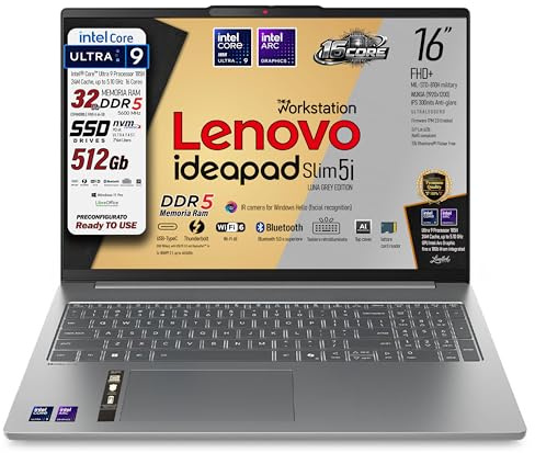 Lenovo Ideapad Slim 5i, Intel Ultra9 185H, 16Core, Ram 32Gb DDR5, 16 FHD+ | Display WUXGA IPS, SSD PCIe NVMe 512GB, Wi-Fi 6, Bt, USB Display port, Tastiera retroilluminata, Ready to use, libre Office
