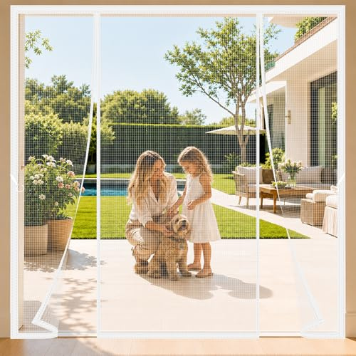 Zanzariera Porta Finestra Doppia 250x220cm Applicazione semplice peel-and-stick, senza lasciare segni Per case con grandi aperture verso l’esterno Bianco