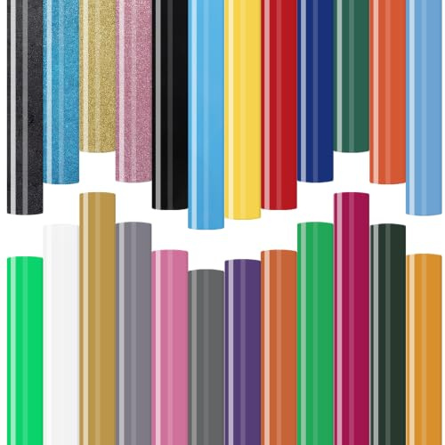 50 Sheets Heat Transfer Vinyl 24 Colours HTV 30.5 x 20cm | 20 Solid & 4 Glitter Colours, Compatible with Cricut and Silhouette for Custom Clothing and Fabric Projects