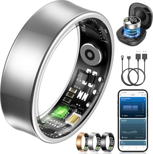 NAIXUES Smart Ring Herren Damen, Fitness Ring Tracker mit Gestensteuerung, Herzfrequenz(HRV), SpO2, Schlaftracker, 170+ Sportmodi 5ATM Wasserdicht Smartring für Android und iOS, Size 11, Silber
