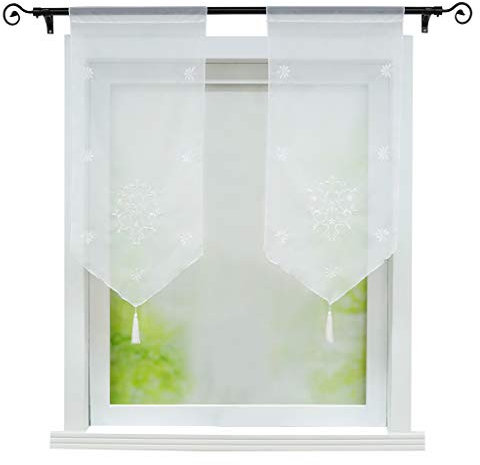 Joyswahl Scheibengardine Voile Bistrogardinen mit Quaste, Stickerei Blumenmotiv Erna Kurzstore mit Tunnelzug BxH 40x90cm Weiß 1er Pack