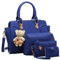 FiveloveTwoDamen 4Tlg. Handtaschen Set Umhängetasche Schultertasche Tasche PU Shopper Clutch Kartenhalter Geldbörse Tragetasche mit Bär Ornamente (Blue)