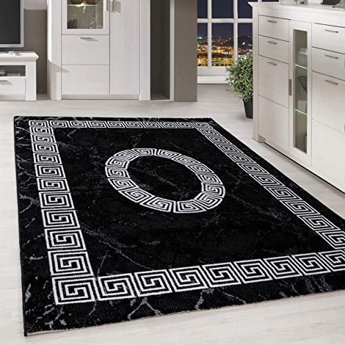 HomebyHome Teppich Wohnzimmer 200x290 cm (200x300 cm) Schwarz Moderne Bordüre Design - Küche Esszimmer und Schlafzimmer Teppich Kurzflor Extra Weich Pflegeleicht - Carpet Living Room