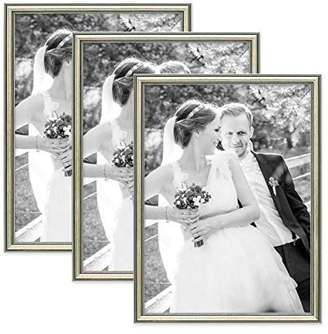 PHOTOLINI 3er Set Bilderrahmen Silber Barock Antik 30x40 cm Fotorahmen mit Glasscheibe/Kunststoffrahmen