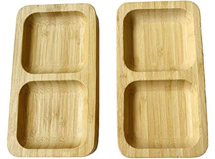Natural Bamboo Wooden Small Serving Platters Dual Square Snack Tray Set (Set of 2) - Sauce Dishes Set - Party Food Platter Plates for Nibbles Tapas Cheese Sushi Dips Sauce Bowl Side Plates