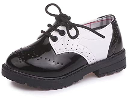 Scarpe Stringate Basse per Bambini e Ragazzi Oxford Brogue Vernice Scarpe Eleganti Bambina Impermeabili Leggere Festa Uniforme Formali Nero Bianco 31