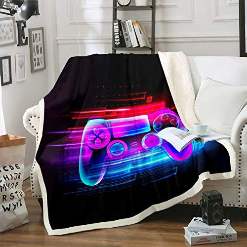 Loussiesd Gamer Fleece Throw Blanket for Teens Boys Kids - Red Blue Gradient Neon Gaming Video Game Sherpa - Soft Lightweight Fuzzy Plush for Sofa Bed Single 50x60