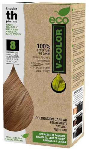 Thader Th Pharma ECO V-Color Kit de Coloración Capilar Permanente sin amoniaco 100% cobertura de canas, 120 ml (No. 8 Rubio claro)