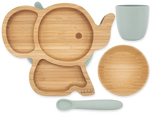 Juego de destete de bambú y silicona ~ Placa de succión de elefante, cuenco de bambú más taza de silicona y cuchara. (Verde)