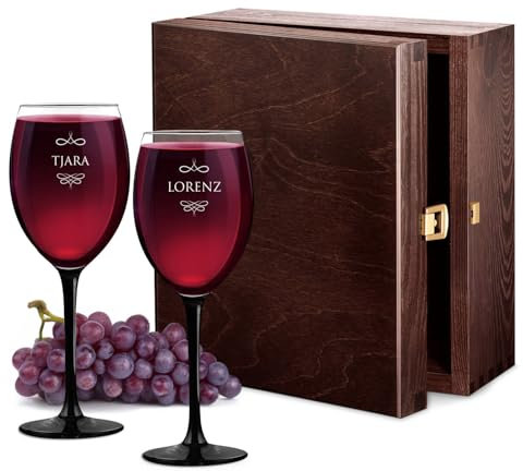 Maverton Onyx 2er Weingläser Set mit Gravur - mit schwarzem Seil - 330 ml - Wein Gläser personalisiert - Rotweinglas Weißweinglas - Geschenk Hochzeit Hochzeitstag Paar Eltern - Vorname