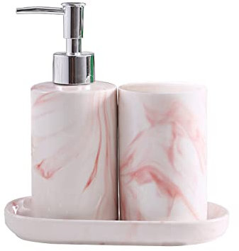 ABHOME Set di 3 accessori da bagno in ceramica marmorizzata – Portasapone, dispenser di sapone liquido, bicchiere portaspazzolino (rosa)