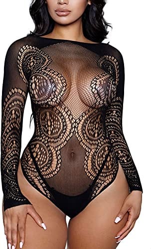 Bommi Fairy Women's Bodysuit Fishnet Long Sleeves Sexy Bodycon Sheer See Through Teddy Bodysuit Body Tops Mesh Chemise Babydoll (Black)