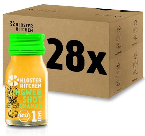 Kloster Kitchen Bio Ingwer Shot Ananas 1SHOT 28 x 30 ml mit echten Ingwerstückchen I Ingwershot vegan in der To Go Glasflasche I süß-scharf ohne Zusatzstoffe & mit natürlicher Süße