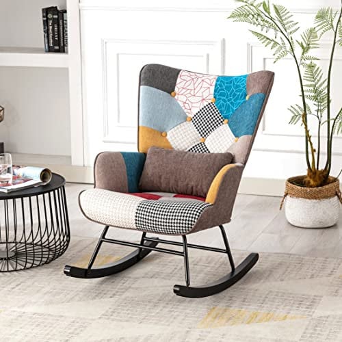 HomeMiYN Rocking Chair for Nursery Accent Chair With Soft Lumbar and Wood Legs High Back Rocking Chairs for Balcony Living Room Bedroom Patchwork