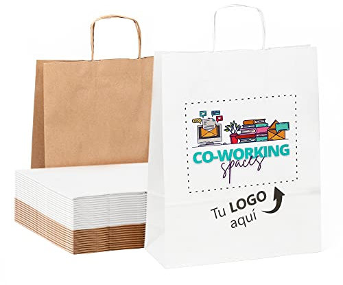 Pack 25 weiße Papiertüten mit Logo personalisiert | Achten Sie auf die Präsentation Ihrer Geschenke | Papiertüten mit Griffen für Hochzeiten, Geschäfte, Weihnachten | Große Tüte 32 x 40 x 12 cm