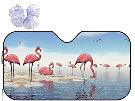 Parasol para coche con diseño de flamencos rosas en la playa, tamaño jumbo, estándar, mantiene el vehículo fresco, parasol de 55 x 29.9 pulgadas