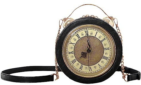 KINROCO Real Working Clock Handtaschen Geldbörse Antik Steampunk Schultertasche PU Messenger Bag(Color:Schwarz)