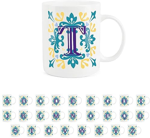 Purely Home Moroccan Tile Yellow & Blue Letter T Mug - White Initial Personalised Alphabet Tea Coffee Bone China Mug