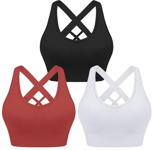 Leversic Sport BH Damen Push up, Sports Bra Ohne Bügel Sport BH Rückenfrei, mit Breiten Trägern für Besseren Halt und Unterstützung, 3PCS-Schwarz+Weiß+Rot, S