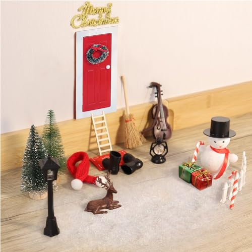 Sonwaha 23 Stück Wichteltür Set Wichtel Zubehör Weihnachten,Weihnachtswichtel Set Wichteltür mit Licht,Treppe,Schneepulver,Wichteltür Komplettset Rot,Wichteltür Zubehör für Kinder Geschenke