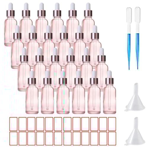 ToKinCen 24 x 30 ml Dropper Bottle Pink Glass Dropper Bottles with Glass Dropper Pipette Small Sample Dropper Bottles Refillable with Plastic Funnels and Labels