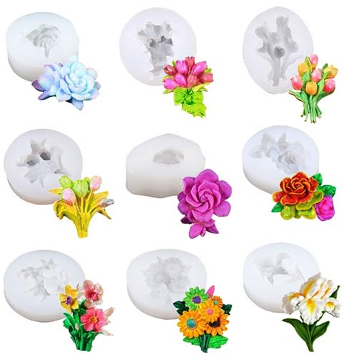 Attuslla 3D-Blumen-Silikonformen – 9 Stück Rosen-Gänseblümchen-Harz-Formen, Schmuck-Epoxidharz-Formen für Heimdekoration, Seifen- und Kerzenherstellung