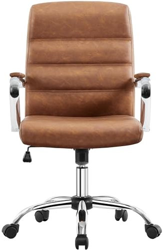 costoffs Mid Back Office Desk Chairs PU Leather Executive Task Chairs Height Adjustable Swivel Chair with Lumbar Support, Retro Brown