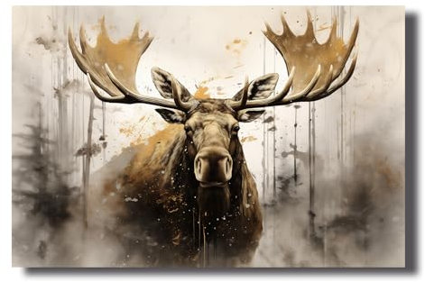 LZIMU Elch Leinwand Bilder Wald Elch Bilddrucke Waldtiere Gemälde braunes Vintage Wildtier Kunstwerk rustikale Bauernhaus Wanddekoration (Bild-2, (50.00 x 75.00 cms))