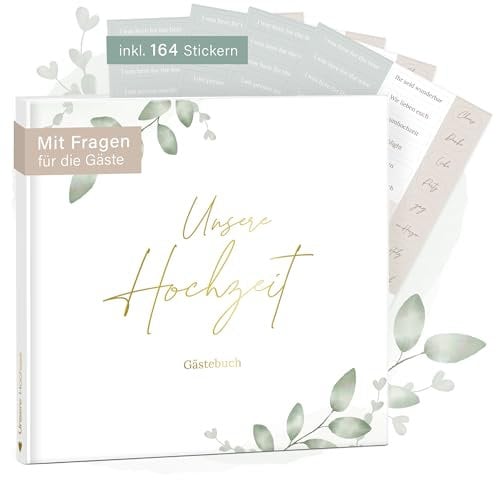 mintkind® Gästebuch Hochzeit zum Ausfüllen Greenery inkl. 4 Stickerbögen | 84 Seiten mit Fragen für die Gäste | Hochzeitsgeschenke für Brautpaar als Hochzeit Deko | Goldene Hochzeit Silber Hochzeit