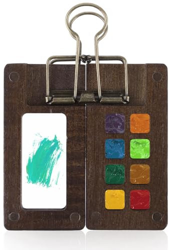 Ouligay 8 Grid Mini Portable Watercolor Palette With A Clip, Wooden Colour Mini Paint Palette, Sketchbook Palette for Water Color, Gouache, Acrylic Paint, Gift for Painters and Artists