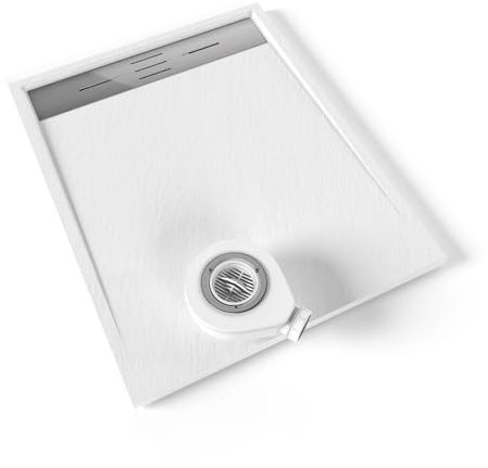 Moments of Glass Plato de ducha SMC Hiemal 100x80 cm, Blanco RAL 9016 – Antiderrapante, Textura Pizarra, Antibacteriano, Resistente a agentes químicos – Incluye válvula y rejilla Inox