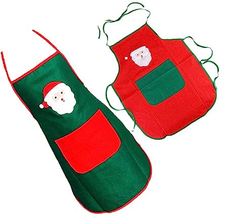 OKUMEYR Grembiuli Di Babbo Natale Senza Maniche Da Cucina a Metà Corpo Non Tessuto Regolabili Per Casa, Bar e Ristoranti – Confezione Da 2 Pezzi Rosso e Verde