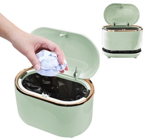 CAREDGO Mini Papelera de Mesa Papelera para Escritorio con Tapa Mini Basurero para Escritorio Moderno de Plástico Verde Papelera Pequeña para Baño Cocina Bar Oficina Caranava, 19 x 14 x 12 cm