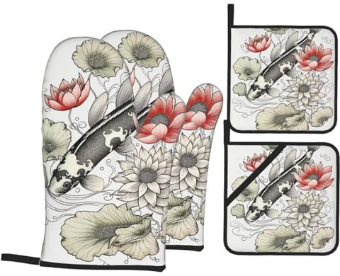 Gants De Four Et Maniques Cuisine Poisson Carpe Japonaise Feuilles De Lotus Impression Fleur Imprimer Gants De Four Et Maniques Gants De Cuisson, pour Four, Grillades