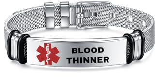 AITENME Medical Armband für Damen Männer Armreif,Personalisierte Medizinische Alert ID Notfallarmband Medizinisch Damen Uhrenarmband，Medizinischer Armband aus Edelstahl（BLOOD THINNER）
