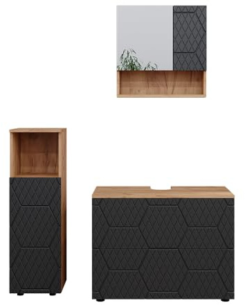 Vicco Badmöbel-Set Irma, Anthrazit mit Wabenstruktur, 80 cm, besteht aus Waschbeckenunterschrank, Spiegelschrank und Midischrank
